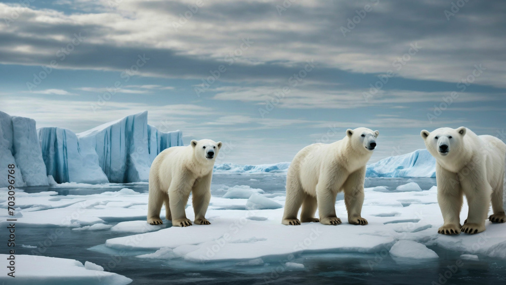 Showcase polar bears against a backdrop of icy landscapes, drawing attention to the delicate balance between the natural beauty of winter and the threats posed by climate change Showcase polar bears against a backdrop of icy landscapes, drawing attention to the delicate balance between the natural beauty of winter and the threats posed by climate change