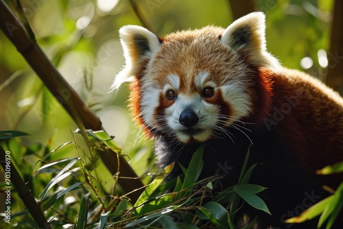 Red Panda in a Vibrant Bamboo Forest Background - The Panda's Fur is a Contrast against the Green Bamboo with Sunlight filtering through the Dense Canopy created with Generative AI Technology © Animals Creator