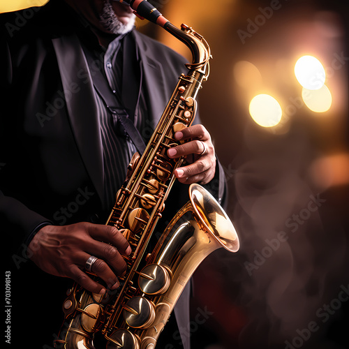 Close-up of a musician playing a saxophone.