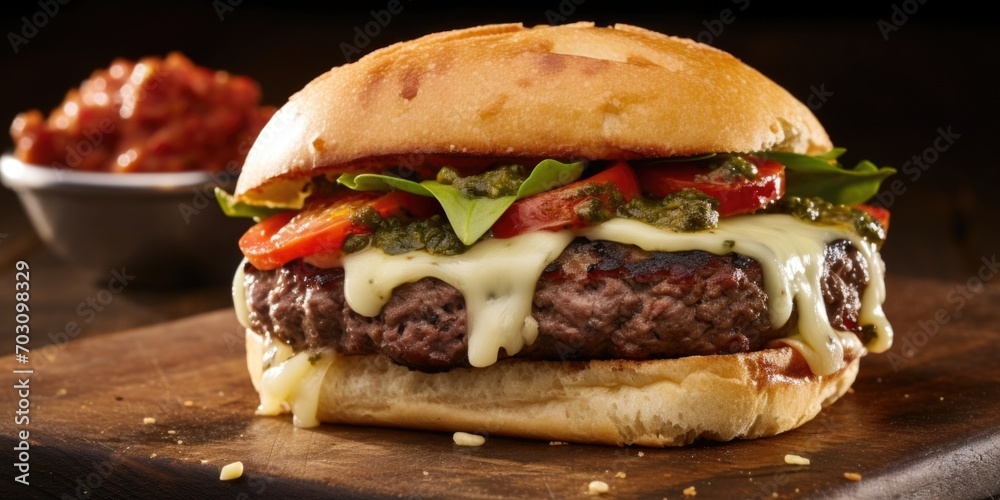 Prepare for a cheeseburger experience like no other. A succulent beef patty, cooked to perfection, holds the key to this mouthwatering creation. Infused with a mix of Italian herbs and es, - obrazy, fototapety, plakaty 