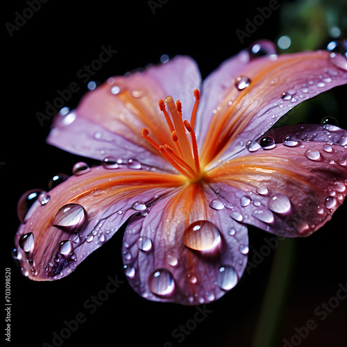 A close-up of raindrops on the petals of a blooming flower.