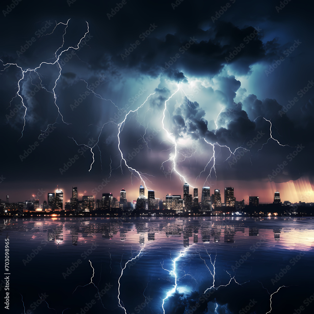A dramatic lightning storm over a city skyline.