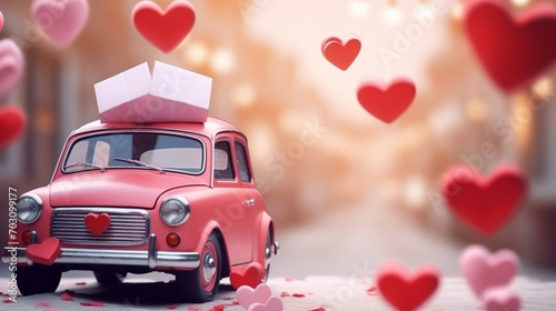 Image of a romantic red heart full of love, in a pink car, for Valentine's Day, Generated AI.