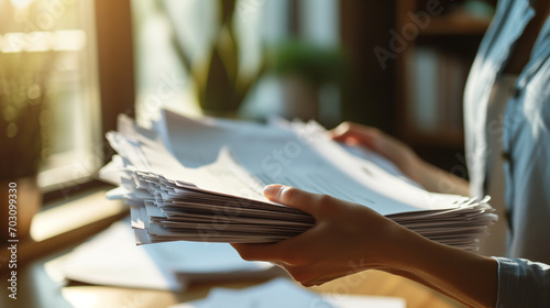 Businesswoman hands working in Stacks of paper files for searching and checking unfinished document achieves on folders papers, Ai generated. photo