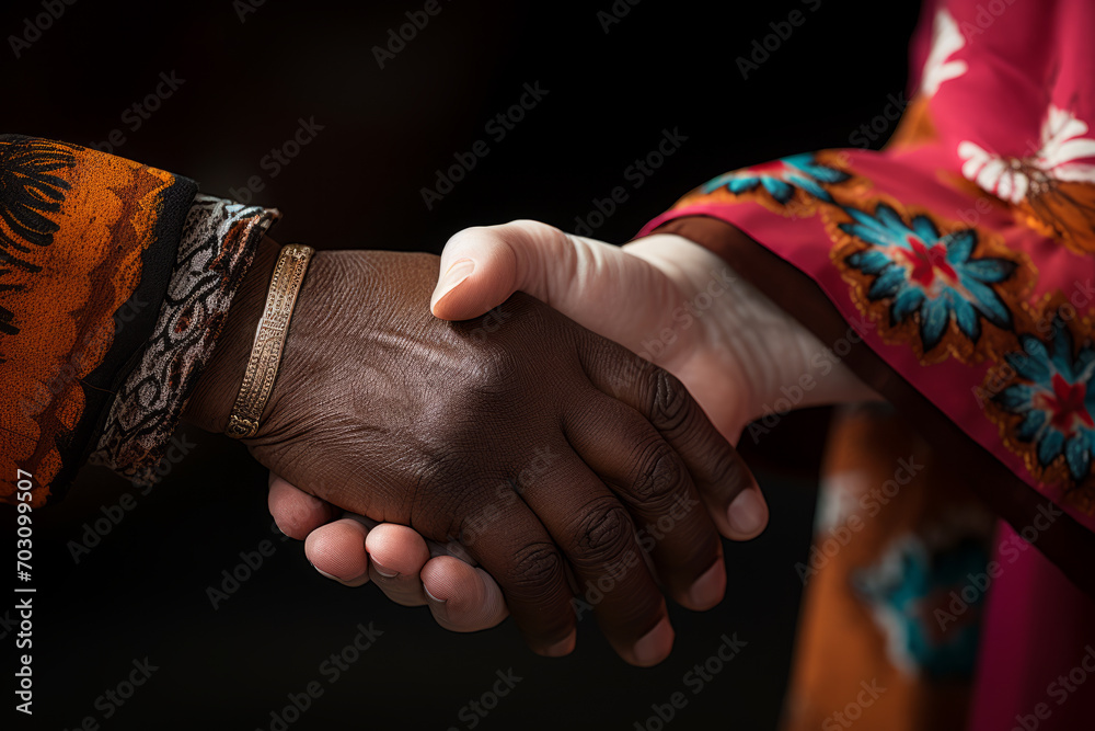 Closeup Handshaking of Two Foreign Religious Leaders. Attractive Warm Handshake Friendly Black and White Hand in Isolated Black Background. 