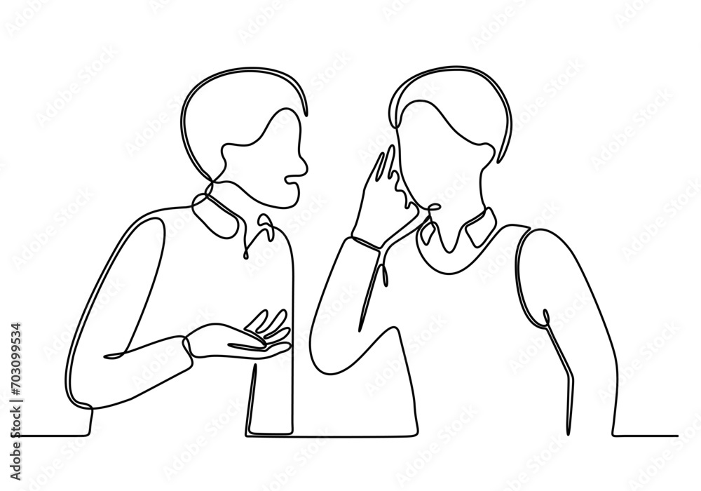 continuous line art vector illustration of two young men talking to a deaf friend who puts his hand to his ear and is having problems after his hearing aid broke continuous line art vector illustration of two young men talking to a deaf friend who puts his hand to his ear and is having problems after his hearing aid broke