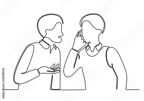continuous line art vector illustration of two young men talking to a deaf friend who puts his hand to his ear and is having problems after his hearing aid broke