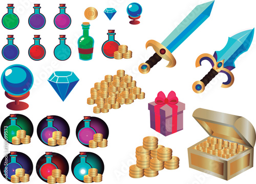 icons for games HP potions, MP, mana, and various potions, gold, gift, swords, diamond, currency, various icon illustrations ready for online or offline games