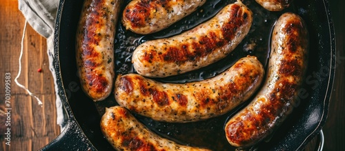 Sausage links seen from above in a skillet. photo
