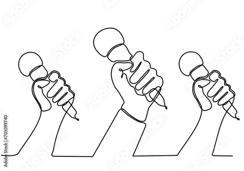 continuous line art vector illustration Diverse people with microphones go for freedom of speech