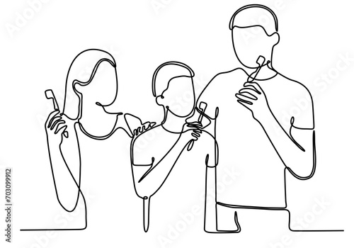 
continuous line art of personal hygiene. Happy family with toothbrushes in the bathroom. Simple flat vector.