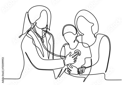 
continuous line art Medical examination in hospital concept. The doctor listens to the child's chest, checks the heartbeat using a stethoscope