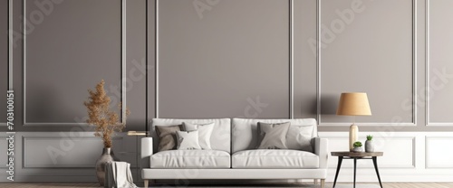Modern minimalist gray, beige interior with sofa, wall moldings, carpet and decor. 3d render illustration mockup. © kashif 2158