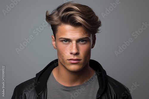 A smart and handsome young male model with a stylish haircut, capturing a modern and trendy look, against a solid light gray background.