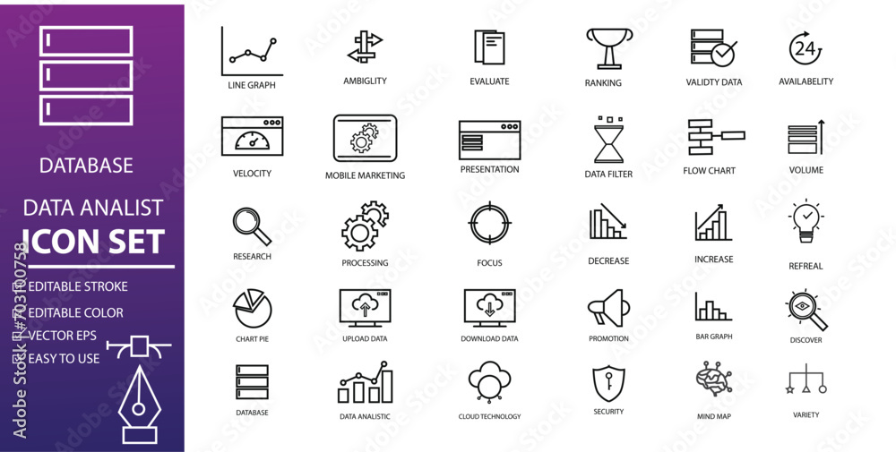 Technology icon set. Editable stroke outline data analyst simple style. suitable for design of app, UI or web elements about software development, business web and technology applications