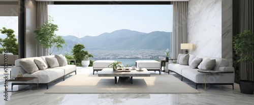 Modern style luxury white living room with garden view 3d render There are gray marble tile wall and floor decorate with glass chandelier overlooking nature view background