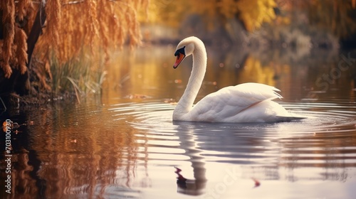 A Graceful White Swan Background on a Tranquil Lake surrounded by Weeping Willows with Autumn Colors - Beautiful Swan Wallpaper created with Generative AI Technology
