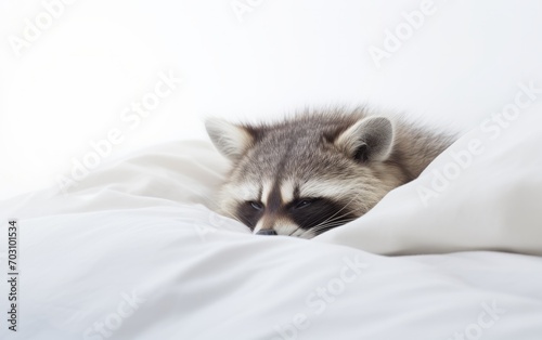 Sleeping cute small raccoon pet in the white bed. Exotic pet at home.