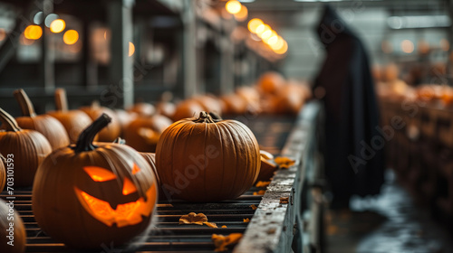 Devil in black cloak work with Pumpkins with halloween scary face on conveyor belt line, Distribution warehouse decorated with halloween props. E - commerce and storage of pumpkins.