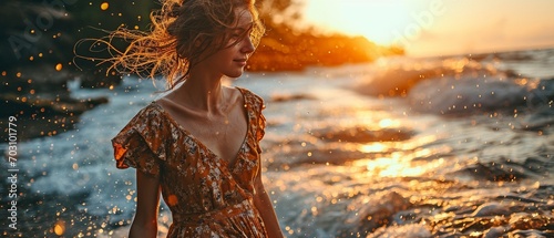 Fun-loving young woman strolling by the shore.. © tongpatong