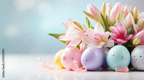 Fotografia Fancy fresh easter lillies with colorful easter eggs, room for copyspace