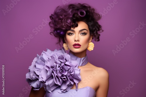 A stunning young model in a vibrant attire, striking a powerful pose against a pale lilac background, radiating confidence.