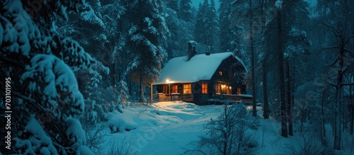 Scandinavian cabin in snowy Norwegian forest at night. photo