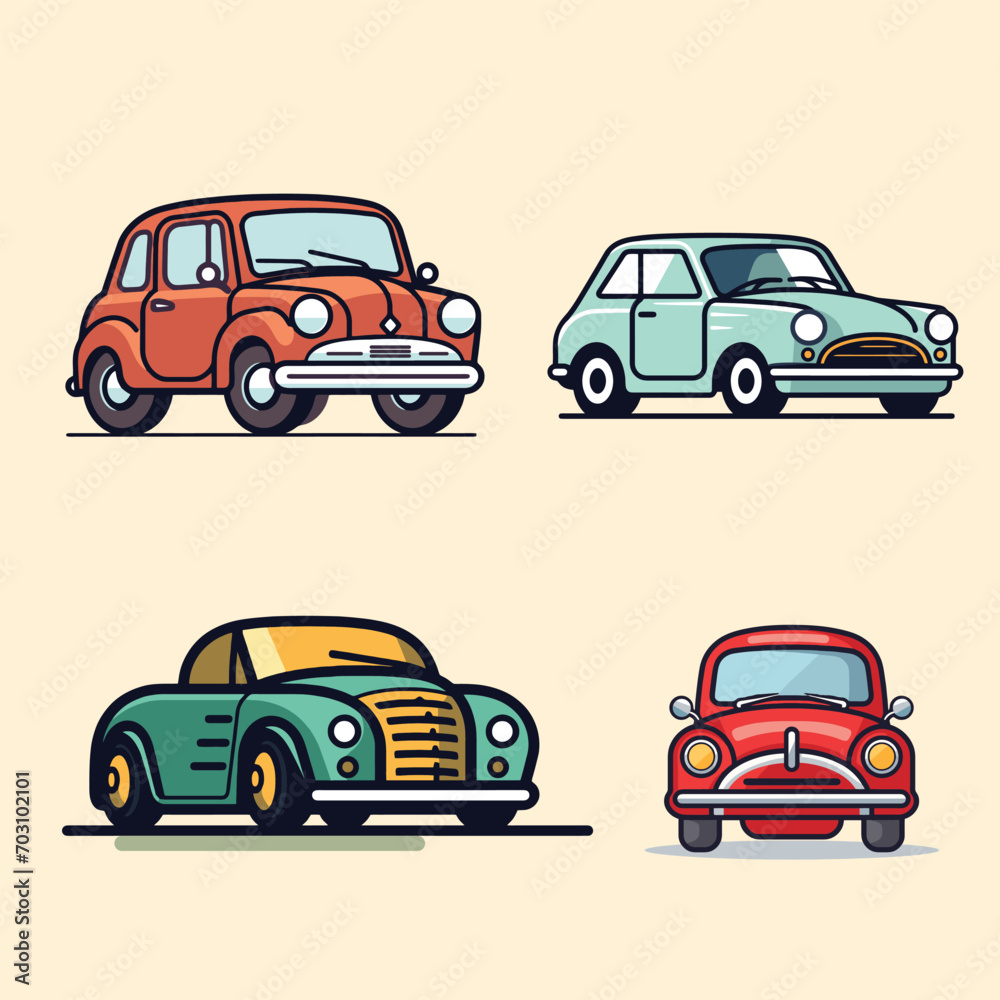 Retro car icon set. Vector illustration in flat cartoon style.