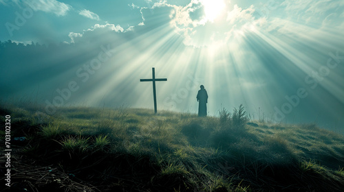 Jesus Christ standing in front of the cross holy magic light