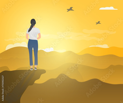 Young woman standing on cliff looking at sunrise happily, concept of freedom, happiness image.Vector illustration