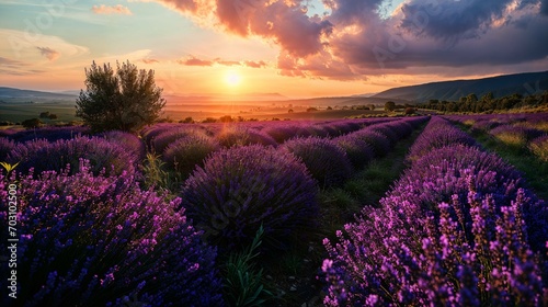 Rolling lavender fields at sunset in Provence