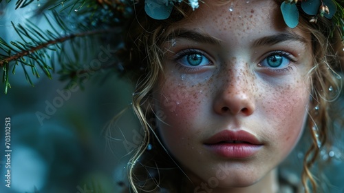 A Teen Girl Portrait of Magical Human with Beast Traits such as Deer Antlers - Beautiful Attractive Cat Eyes and Gills in a Pine Tree Forest - Mystic Forest Woman created with Generative AI Technology photo