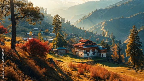 Bumthang Valley with traditional Bhutanese farmland photo