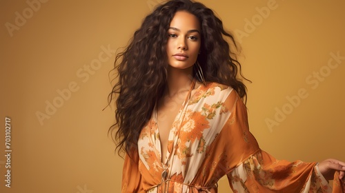 A stylish model in bohemian attire, smiling against a muted peach background, embodying free-spirited fashion with a vibrant demeanor.