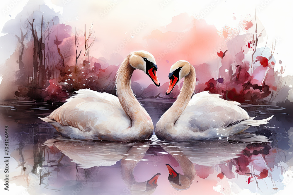 Obraz premium Swans and their reflection forming intricate patterns on the water's canvas Illustration, Generative Ai