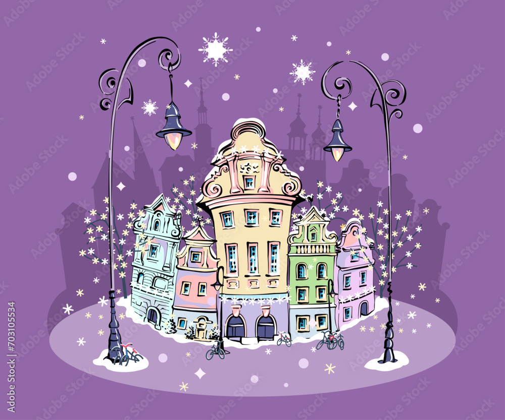 Vector color sketch of cozy houses on Old market square in Poznan at winter night, Poland