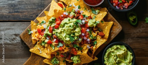 Top view of nachos on wooden board with avocado sauce. photo