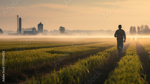 a farmer working on a farm from a high angle taken from behind in the early morning when the sun is barely coming above the horizon photo
