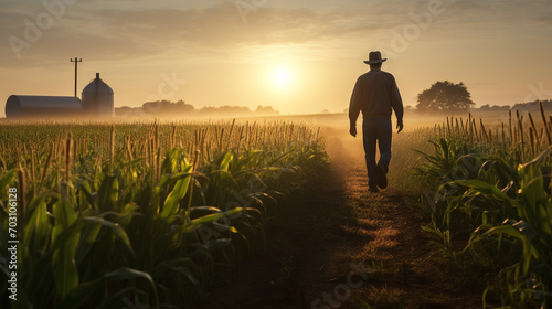 a farmer with a hat walking early morning on a big land  photo