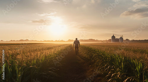 A serene scene of a farmer at dawn, walking through a dew-kissed corn field photo
