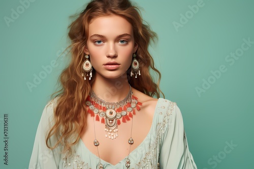 A young model wearing a boho-chic maxi dress, accessorized with statement jewelry, against a solid light mint green background.
