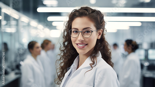 a doctor of European women wearing glasses and a researcher's gown. There is a lab window in the background photo