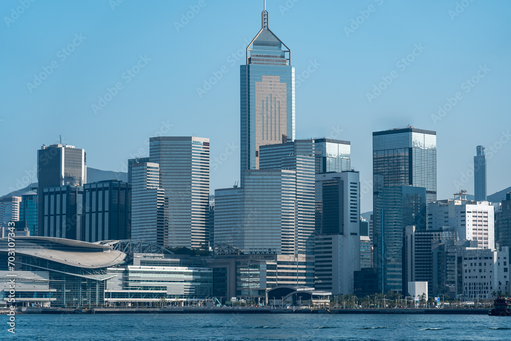 Hong Kong City Skyscraper Buildings; Hong Kong Victoria Harbor View