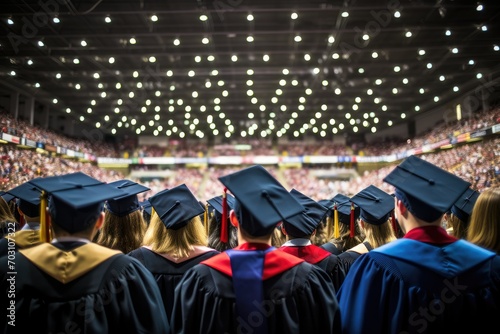 Back view of a group of graduates in cap and gowns at graduation ceremony, university graduates wearing graduation gown and cap, rear view, education concept, convocation day