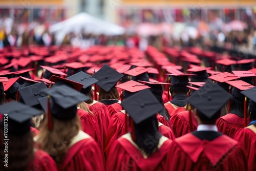 Group of graduates in cap and gowns standing in line in a row, convocation, Rear view of graduates in convocation program, education concept, graduates in red gowns and cap