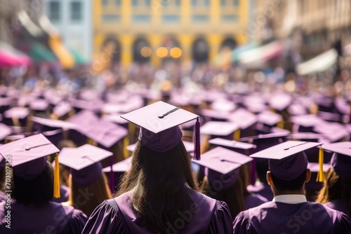 Rear view of a group of students wearing graduation gowns and hats, graduates in pink black gowns and caps, convocation program, academic graduation concept, education