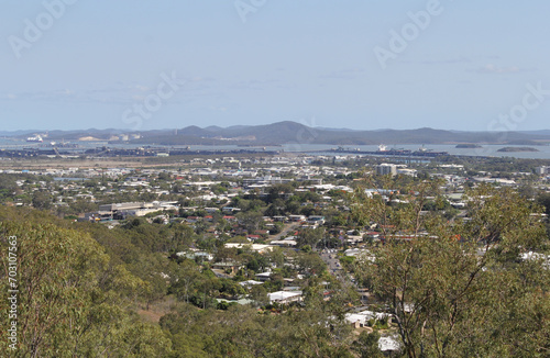 View of Gladstone city and harbour with ships from the Round Hill Lookout in Queensland, Australia photo