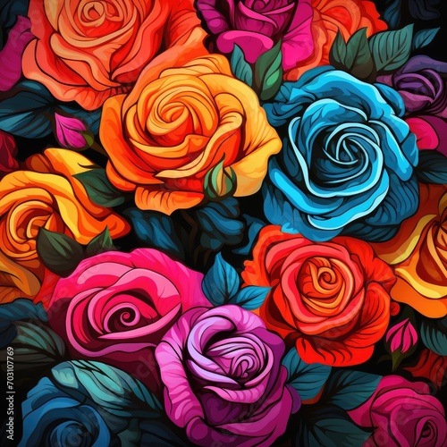 Rainbow of Roses Floral Pattern Retro Flower Textile Vintage Aesthetic Garden Design Nature Painting Kitsch Plant Art