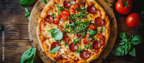 Top view of a delicious Italian pizza with pepperoni, cheese, tomatoes, and greens.