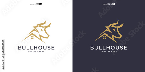 buffalo bull bison with house logo design vector icon silhouette illustration photo